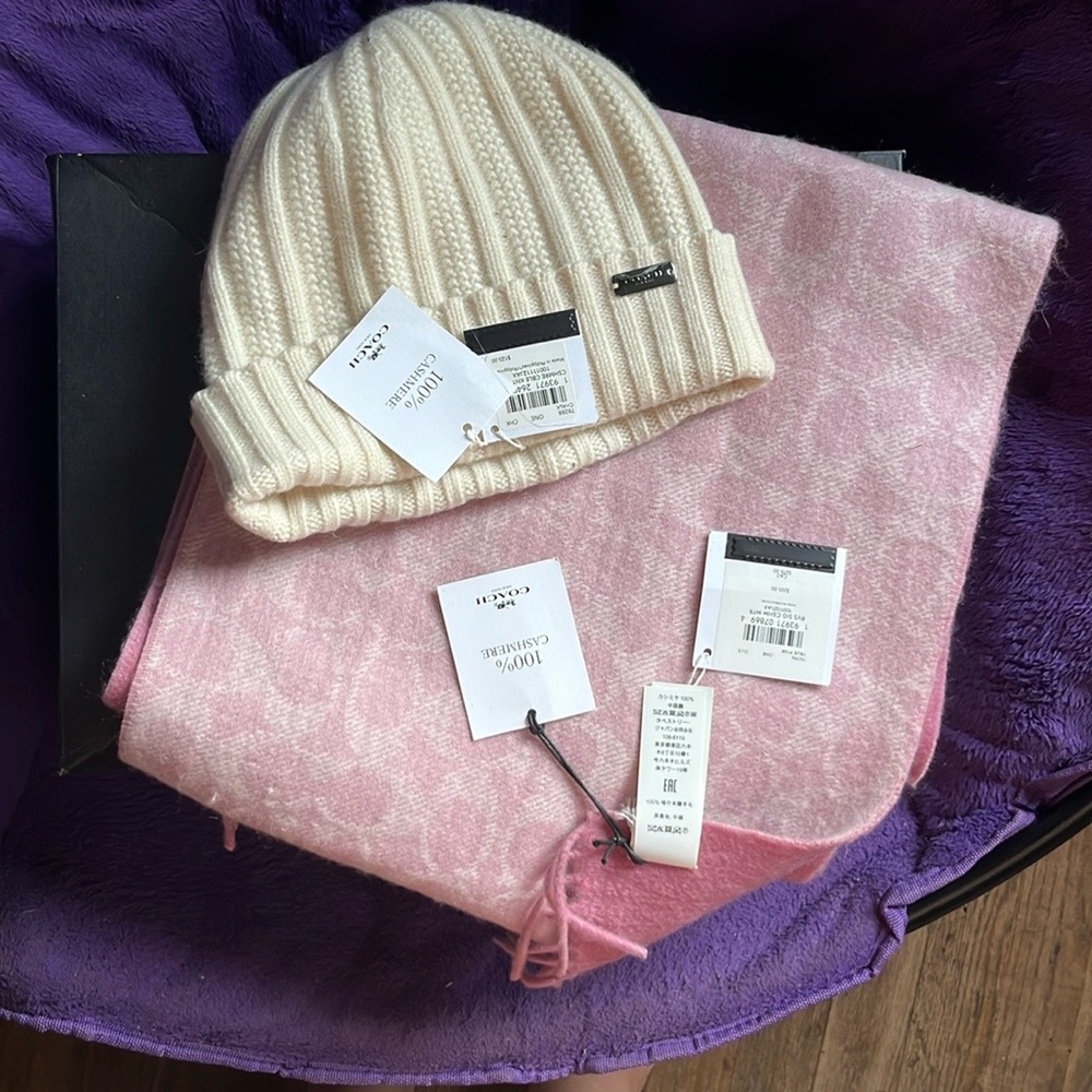 Coach Cream Knit Beanie and Pink Scarf Set